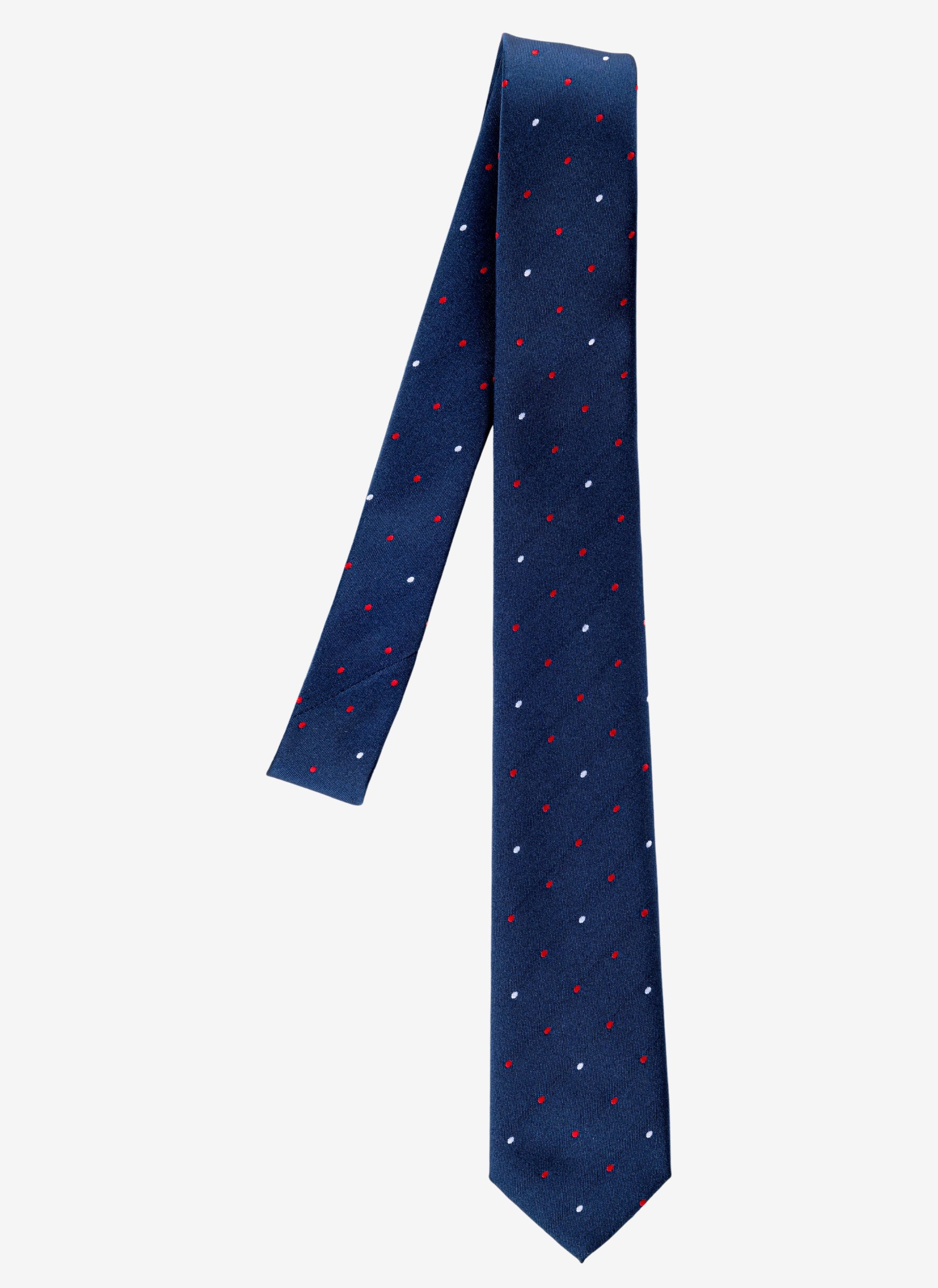 Elegante Krawatte in Blau mit roten und weissen Punkten.
